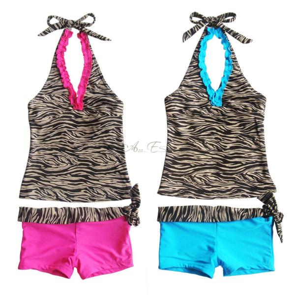 Girls Brown Zebra Halter Tankini Kids Swimsuit Swimwear Bathing Suit 8 10 12 14