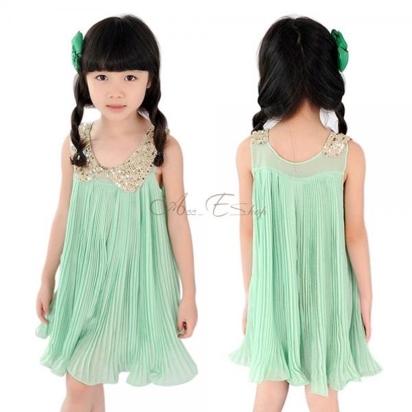 Girls Princess Sequins Collar Pleated Skirt Chiffon Party Flower Dress Sz 3 7
