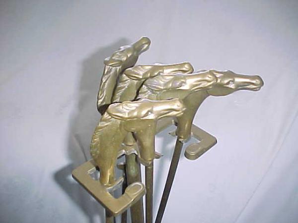 Antique Horse Heads Brass Fireplace Tools Stand Poker Tongs Broom Shovel