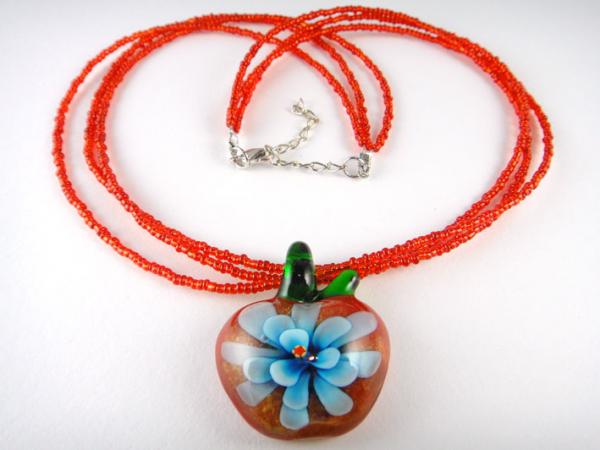 A1720 murano pendant seed beads necklace blue red apple  