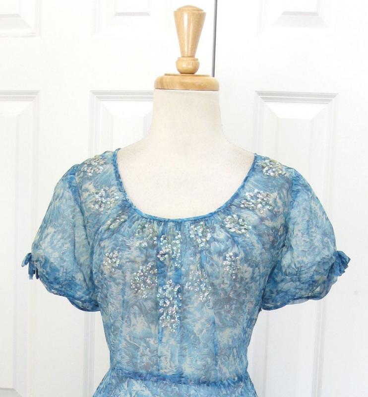 Vtg 40s Blue Floral Sequin Full Skirt Silk Party Dress Sz M/L  