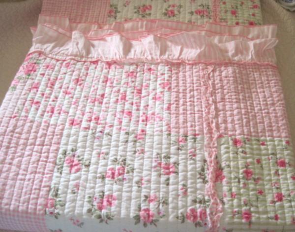 Pink Roses Gingham Stripes Cynthia Rowley Patchwork Cotton Twin Quilt 