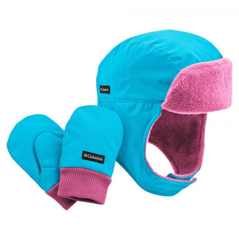 New Columbia Earflap Bomber Hat Mittens Set Infant Toddler Girls Pink Blue