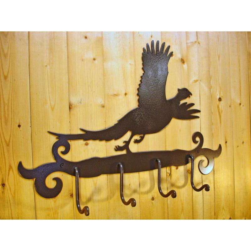 Wrought Iron Pheasant Coat Rack, Lodge Metal Art  