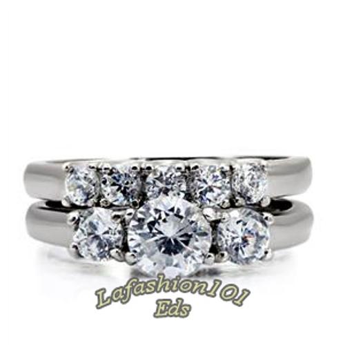 Classic Three Stone Women's Stainless Steel Engagement Ring Set Size 10