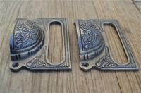 A pair of antique label frame cast iron drawer pull furniture handles ALR19