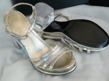 CHANEL SHOES SANDALS heels lucite heel 36 6 silver argent clair | eBay
