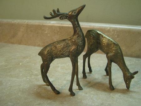 Beautiful MID-CENTURY BRASS Deer Figurines STANDING AND GRAZING 6.5