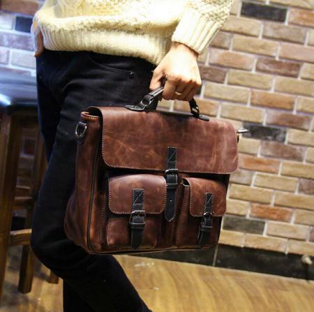 Mens Vintage Brown Leather shoulder bag Briefcase Messenger bag Laptop ...