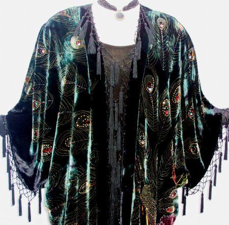 Silk Velvet KIMONO Opera Coat Duster Beaded Black Multi Peacock Maya ...