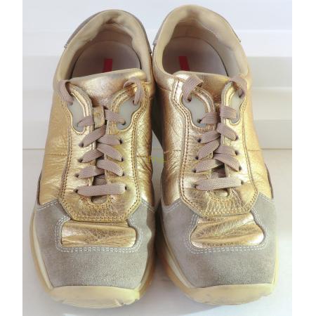 PRADA Athletic TENNIS SHOES Gold Leather Taupe Suede Size 39.5 / 9.5 ...