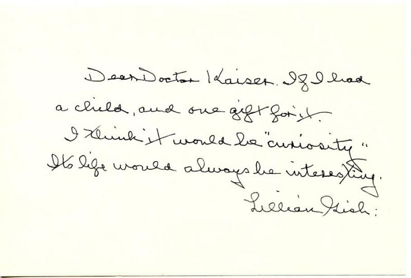 Lillian Gish Oversize Signed Card Inscription Curiosity Makes Life