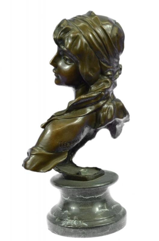 Signed Bronze Marble Statue Portrait Bust Woman Girl Art Deco