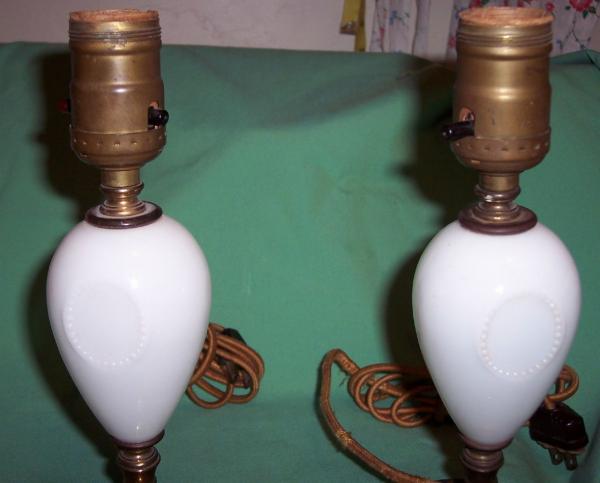 Antique Pair Brass Milk Glass Boudoir Dresser Rayon Cord Electric Lamps