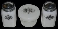 Hazel Atlas Glass Company Range Set Boxed   Salt / Pepper and Drip Jar 