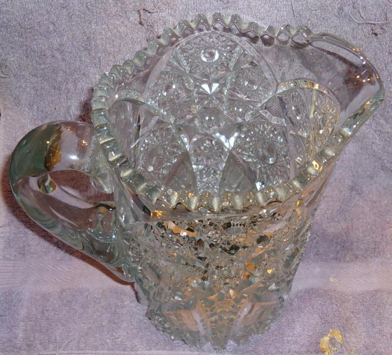 Vintage Pressed Glass Water Pitcher Elaborately Etched Starbursts