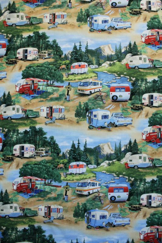 Vintage Travel Trailers Green Campers Airstream Caravan Cotton Quilt Fabric