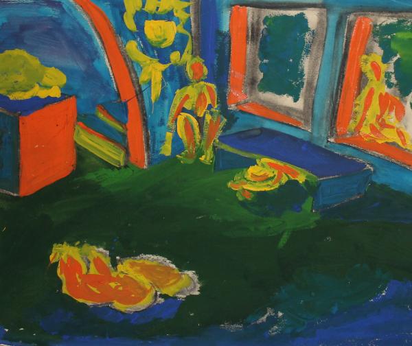 Details About Original Vintage Gouache Painting Expressionist Interior