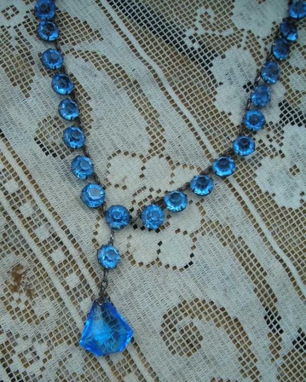 Vintage Art Deco Blue Prism Crystal open Back Necklace Silver Tone 