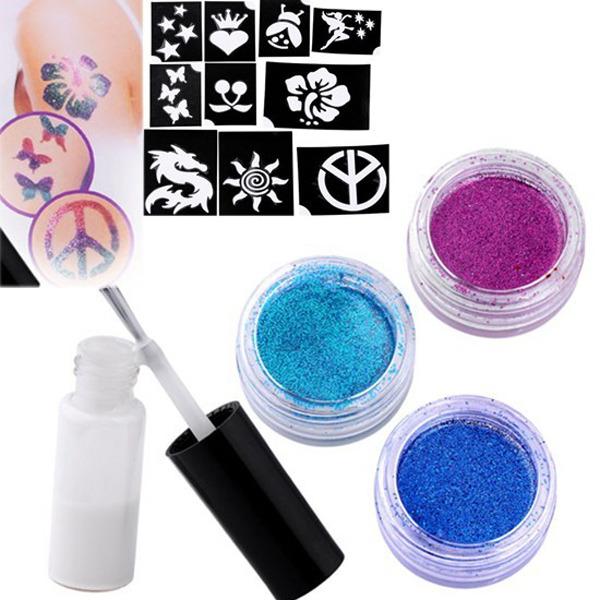 Body Art Shimmer Glitter Powders Kit Tattoos Stencils Brushes Glues Kits Tool