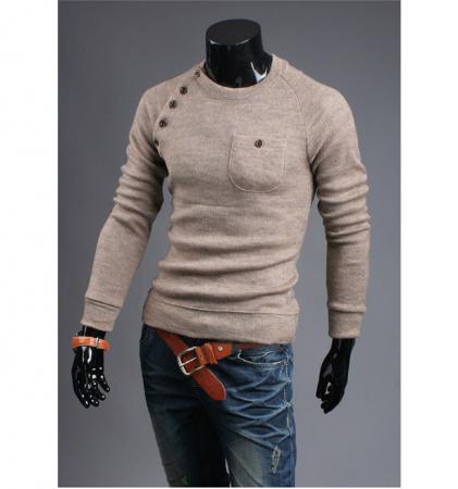 Men's Special Button Design Long Sleeve Crewneck Pullover Sweater Knit ...