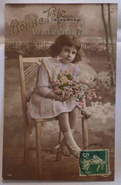 Little Girl on Chair Wishes Vintage Tinted Photo Postcard 1920 France Children