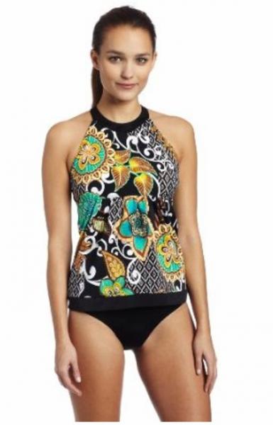 It Figures Peacock Floral High Neck Slimming Tankini Swimsuit 10 NWT 