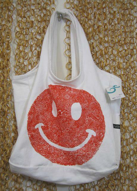 Lauren Moshi Adorable Canvas Red Patterned Smiley Happy Face Tote Bag