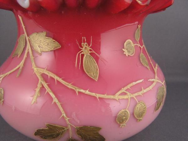 ANTIQUE WEBB GLASS PEACH BLOW GOLD INSECT VASE SIGNED  
