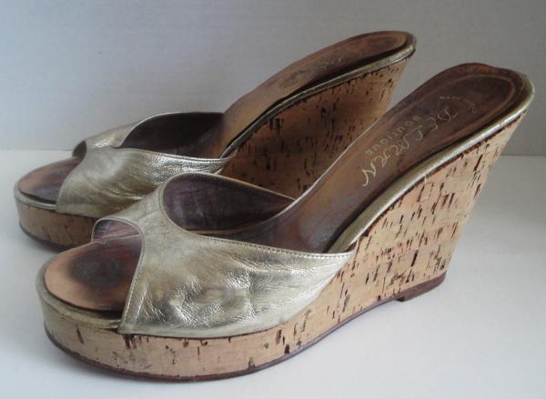 Vintage 40s Gold Slip On Cork Wedge Platform Shoes 6 1/2 Delman ...