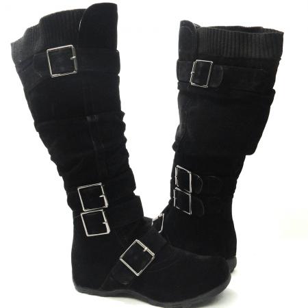 Black Flat Knee High Boots Adjustable Straps Suede Comfort Winter Women ...