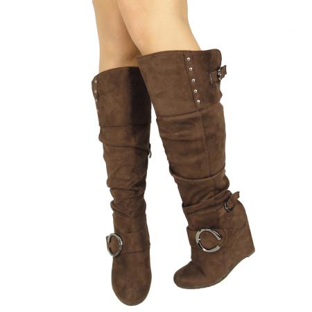 New Women's Platform Wedge Studded Slouchy Knee High Boots Brown Sizes ...