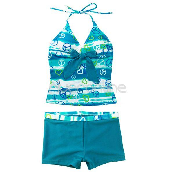 Girls Two Piece Halter Tankini Swimsuit Swimwear Bathing Suit Swim Costume 8 14