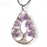 6 Styles non-brand Gorgeous Wire Wrapped Tree of Life Natural Gemstone Teardrop Pendant Necklace Crystal Jewelry Making Charms for Women Amethyst silver