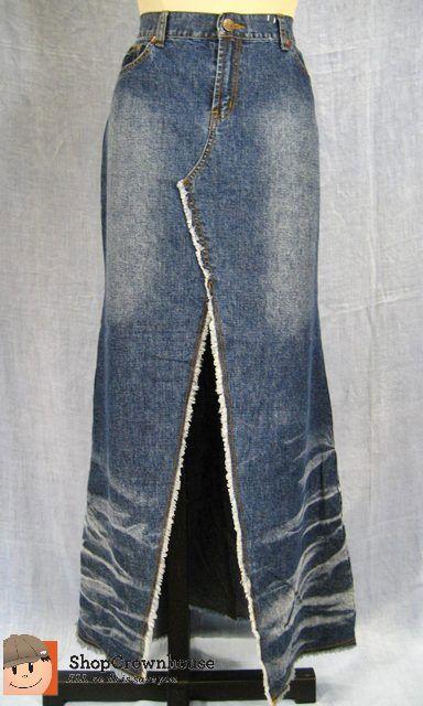 Women's Crest Jeans Long Denim Skirt Sz 13 14 Western Fringe Tie Dye X69