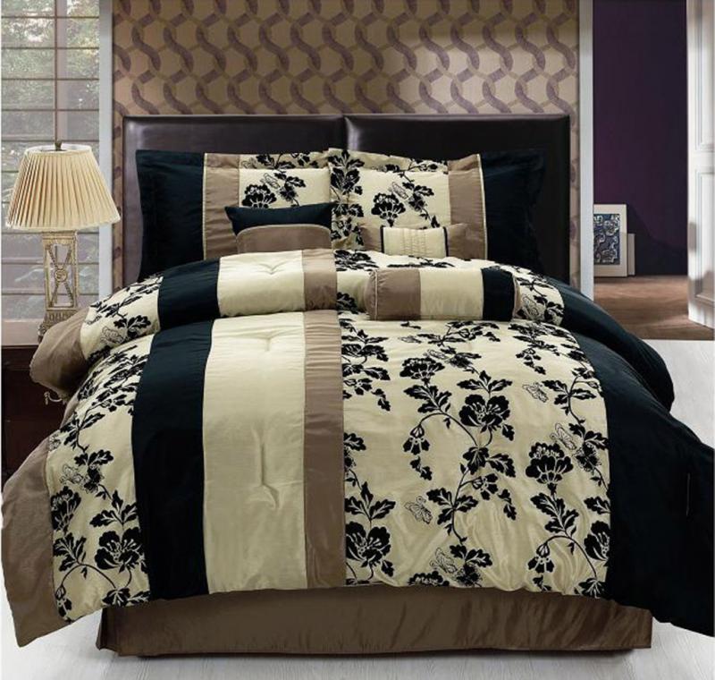  Flocking Floral Flower Comforter Set Bed In A Bag Queen Taupe/Black