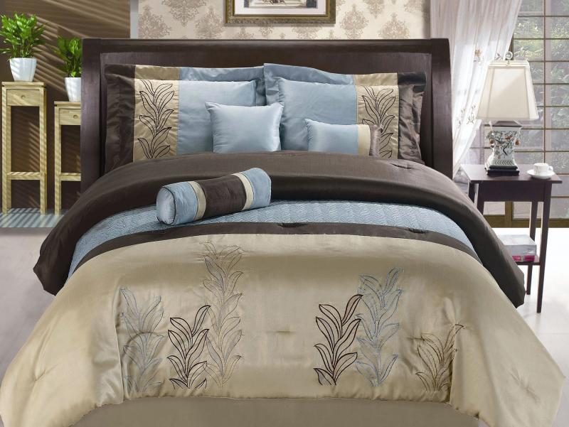 PC Embroidered Floral Comforter Set Bed in A Bag King Blue Brown
