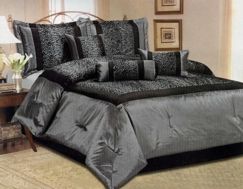 7 Pcs Flocking Leopard Satin Comforter Set Bed in A Bag King Gray Black