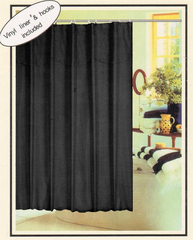 Solid Black Fabric Shower Curtain Vinyl Liner Rings Set