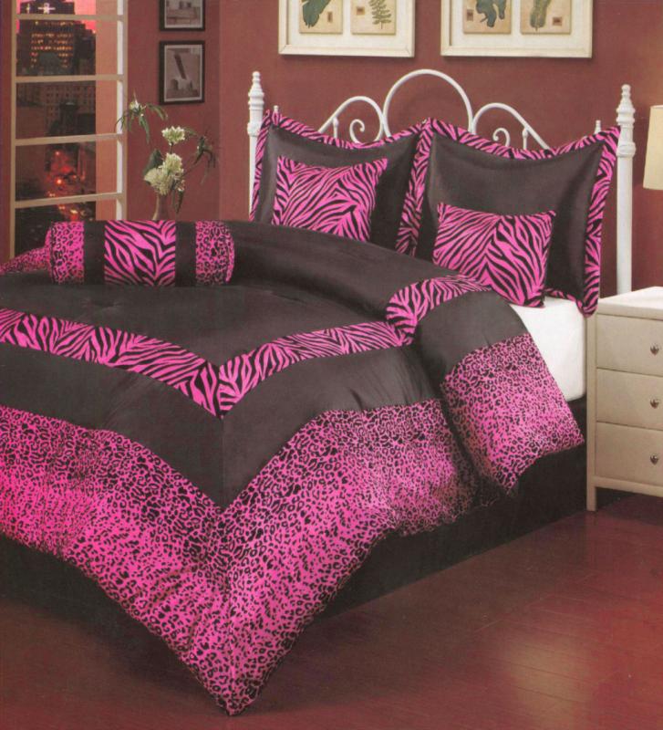 7 Piece Queen Size Satin Zebra Leopard, Hot Pink And Black Bedding Sets