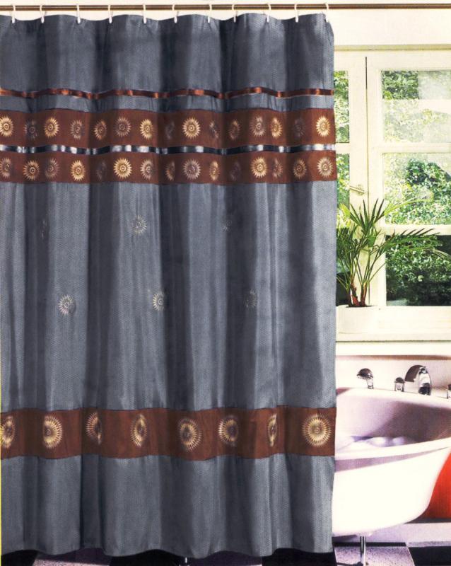   Embroidery Sunflower Fabric Shower Curtain Set Blue Brown