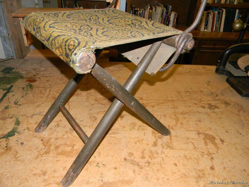 Civil War Folding Officers Field Chair Wrought Iron with Carpet Covering 1861 65