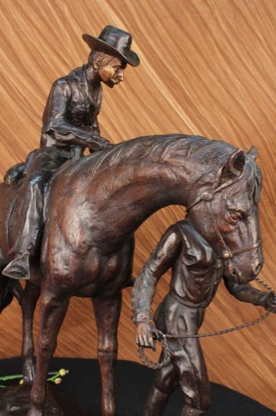 SIGNED OLD WEST COWBOY COWGIRL HORSE BRONZE SCULPTURE STATUE FIGURE 