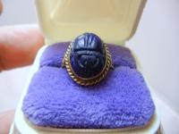 ART DECO 14K SOLID YELLOW GOLD CARVED LAPIS STONE SCARAB BEETLE BUG 