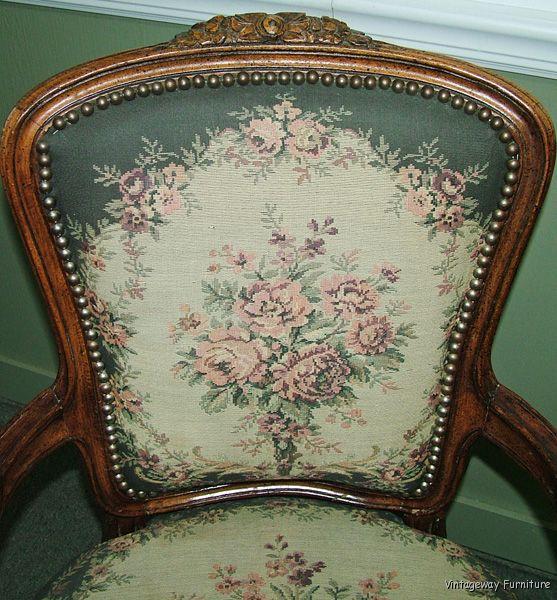 C1052 Lovely Vintage French Louis XV Style Needlepoint Carved Arm Chair