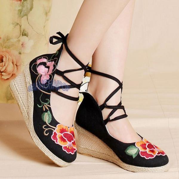 Women Embroidered Wedge Shoes Flower Ankle Strap Pump Chinese Ethnic ...