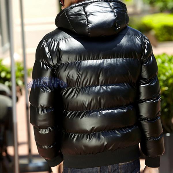 Men Shiny/Glossy Puffer Coat Hooded Quilt Padded Faux Leather Jacket ...